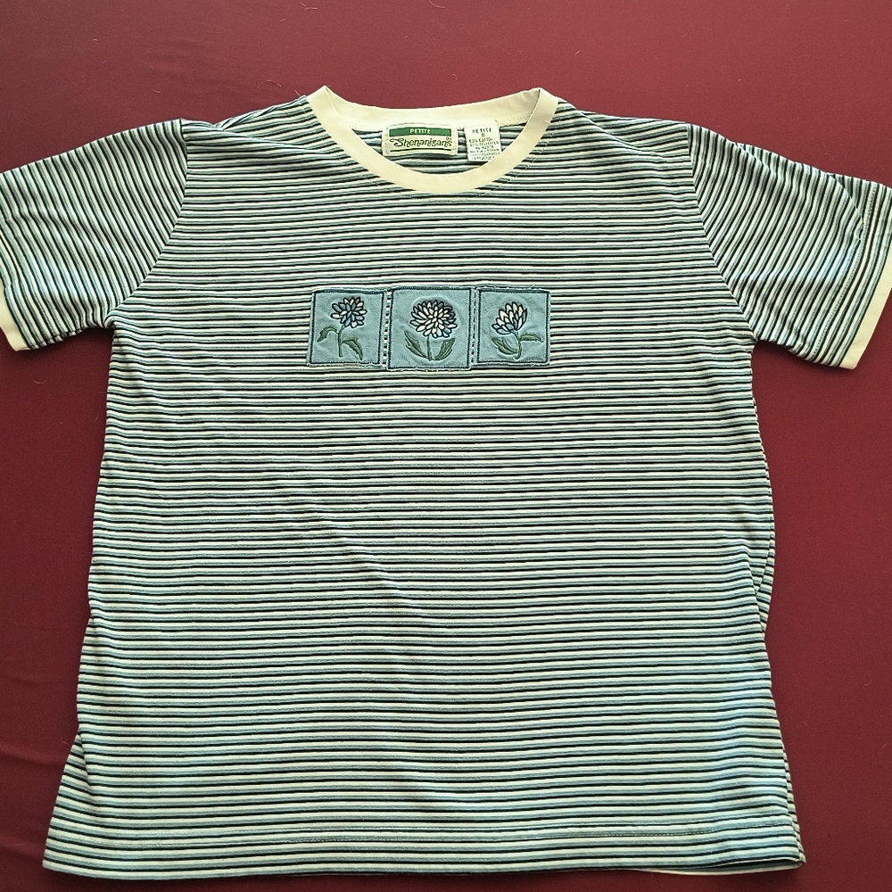 Shenanigans Striped Short Sleeve Tee with Floral Embroidery